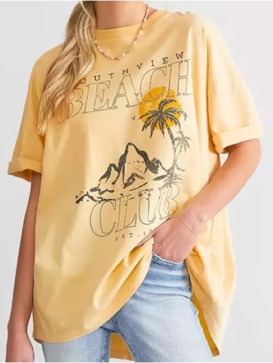 Modish Rebel Tops - Oversized Southview Yellow 'Beach Club' Short-Sleeve Graphic Tee